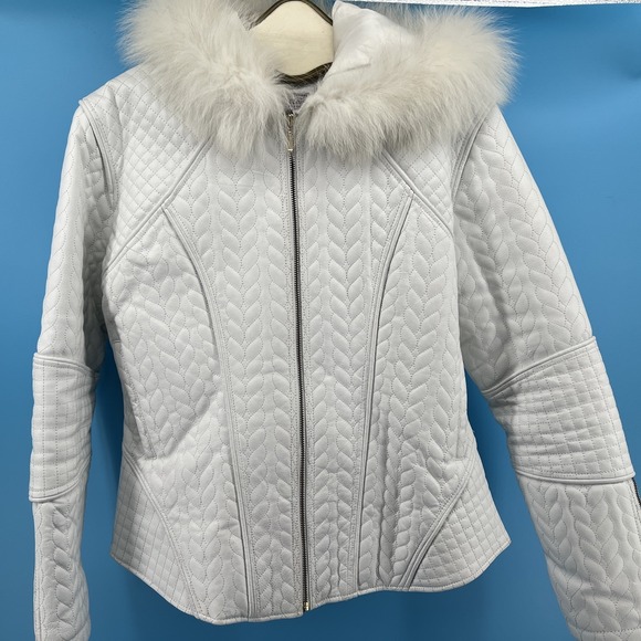 Che-Bella White Quilted Leather Hooded Coat w/ Faux Fur Trim – Women's Large - Picture 2 of 11